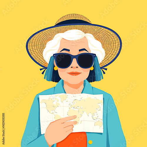 Senior tourist woman holding map, travel planning in retirement 