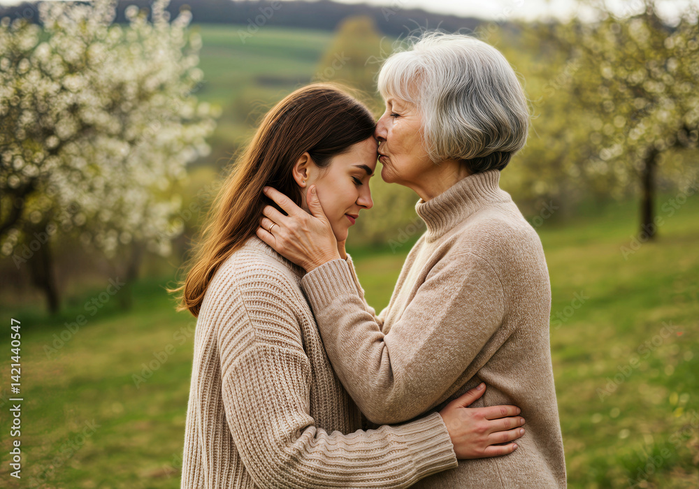 Fototapeta premium A heartfelt moment of love and affection between a mother and daughter, captured in a serene spring setting. A touching display of family bond and togetherness.