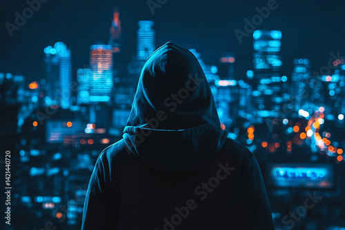 Hooded figure overlooking a vibrant city nightscape photo