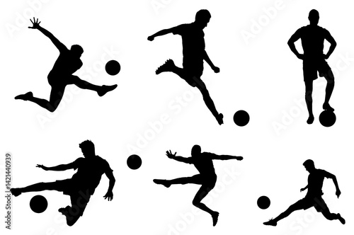 Silhouette Soccer Players Kicking Ball Vector Illustration