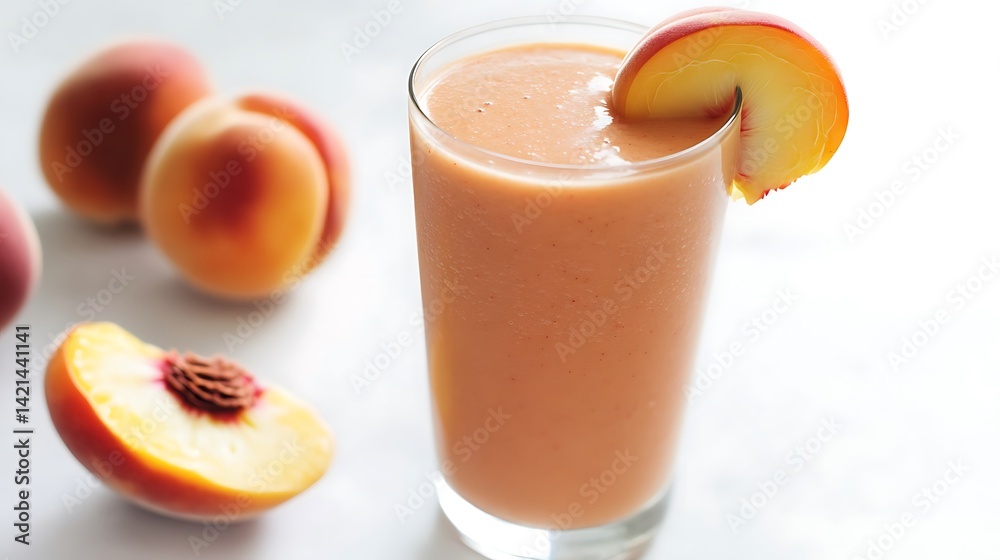 A glass of peach smoothie with peaches around on white surface top A glass of peach smoothie with peaches around on white surface top