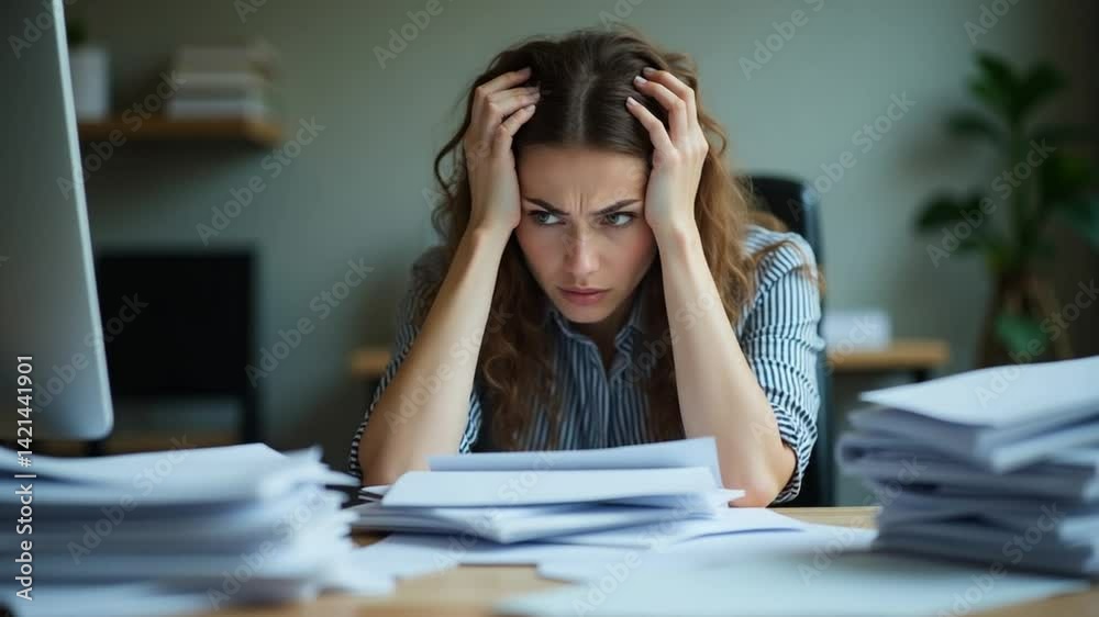 Stressed Businesswoman at Desk with Pile of Documents and Overwhelming Workload Stressed Businesswoman at Desk with Pile of Documents and Overwhelming Workload