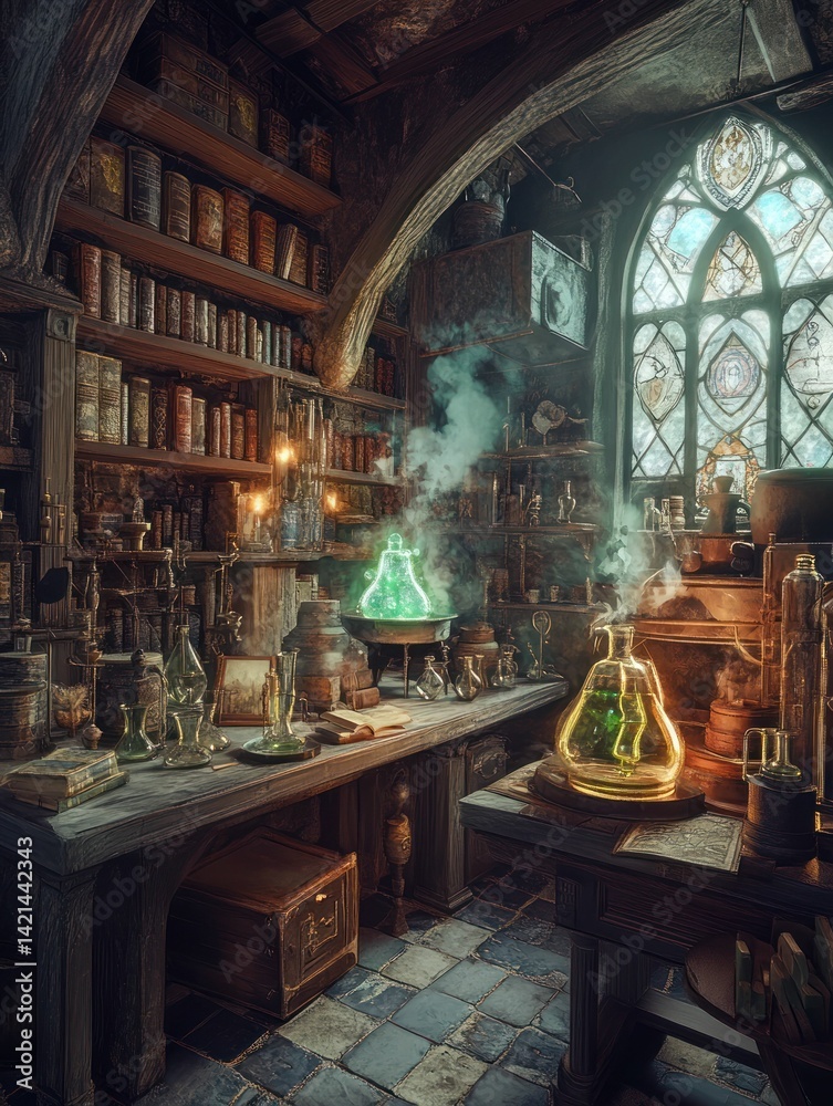 Obraz premium Mystical Alchemist's Sanctuary: An Enchanting Workspace Illuminated by an Ethereal Glow