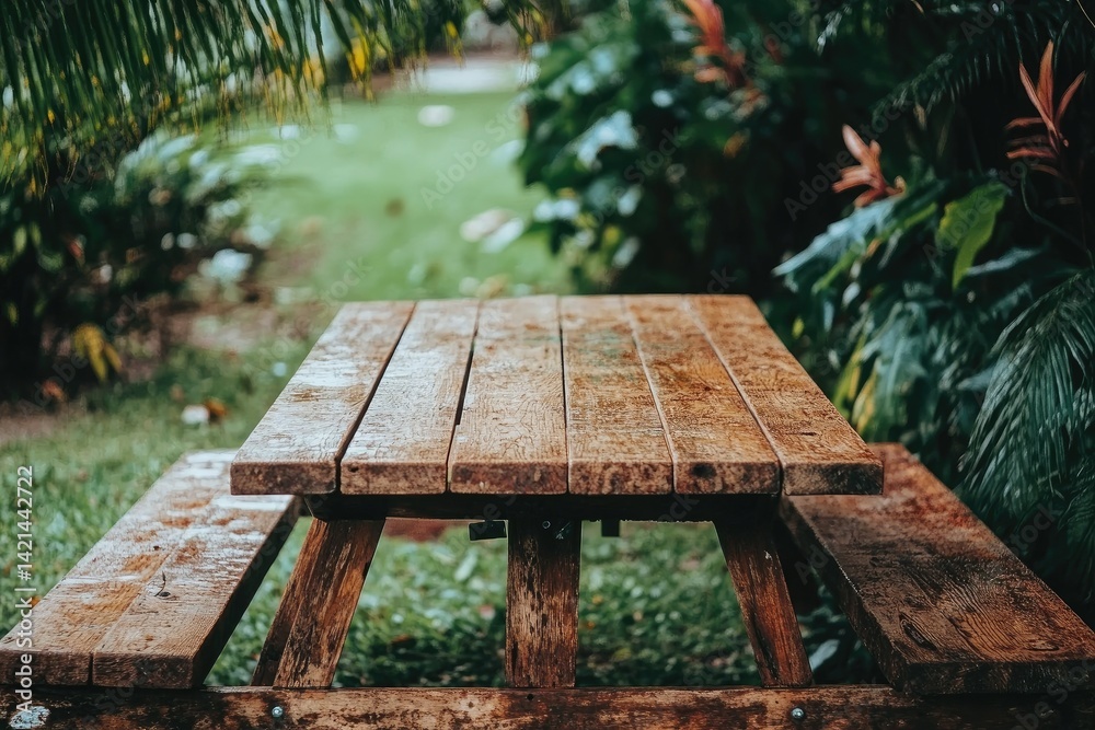 Fototapeta premium Wooden picnic table in garden (3)