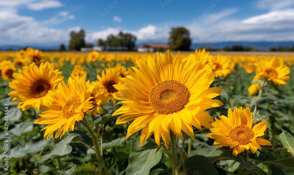 Fototapeta premium Vibrant sunflowers in a field under a partly cloudy sky (1)