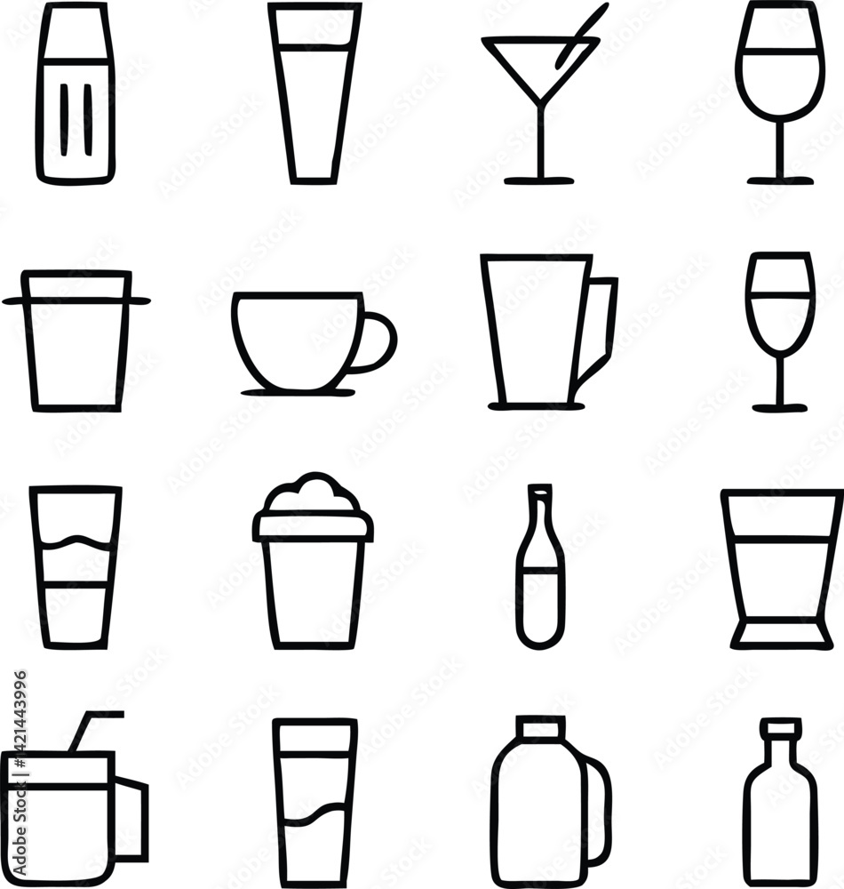 Drink Icon Set Vector | Beverage, Glassware & Refreshment Line Art Collection Drink Icon Set Vector | Beverage, Glassware & Refreshment Line Art Collection