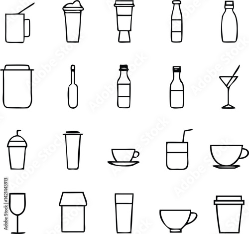 Drink Icon Set Vector | Beverage, Glassware & Refreshment Line Art Collection
