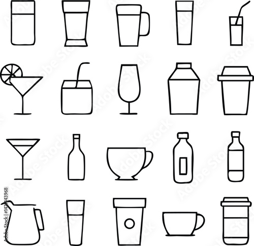 Drink Icon Set Vector | Beverage, Glassware & Refreshment Line Art Collection