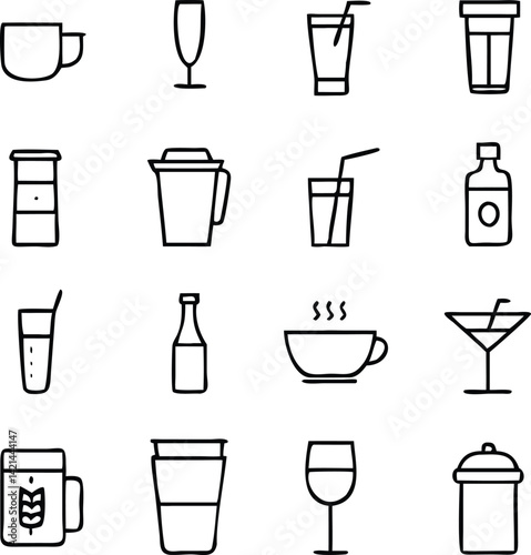 Drink Icon Set Vector | Beverage, Glassware & Refreshment Line Art Collection