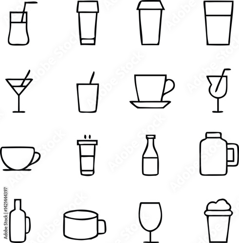 Drink Icon Set Vector | Beverage, Glassware & Refreshment Line Art Collection