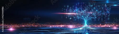 A futuristic digital tree stands against a night skyline, illuminated by vibrant colors and light trails, symbolizing technology and life.
