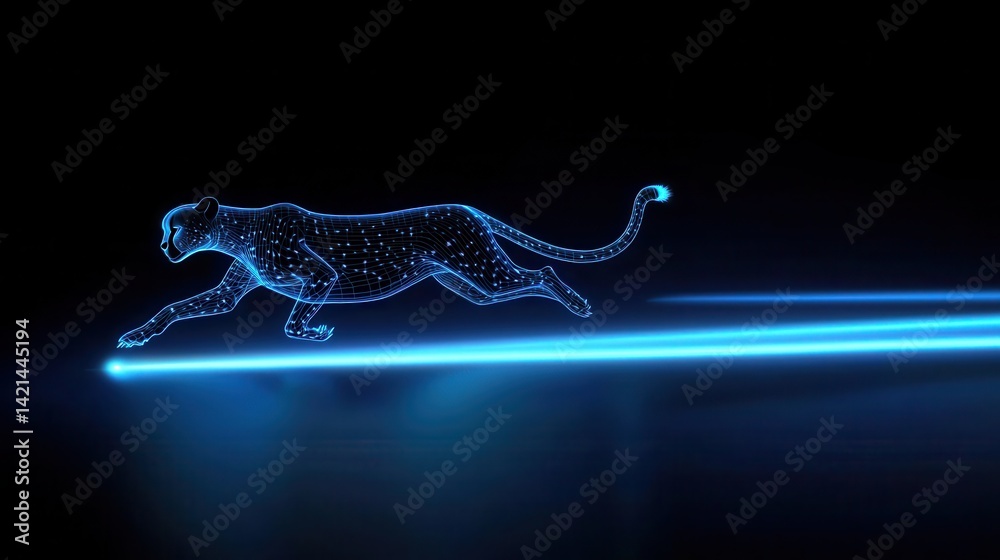 Naklejka premium A glowing, digital silhouette of a cheetah running swiftly, enhanced by blue light against a dark background.