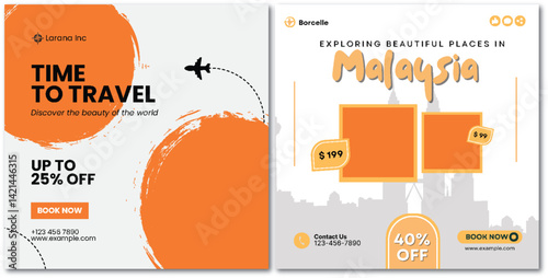 Captivating travel deals and Malaysia exploration in vibrant orange design