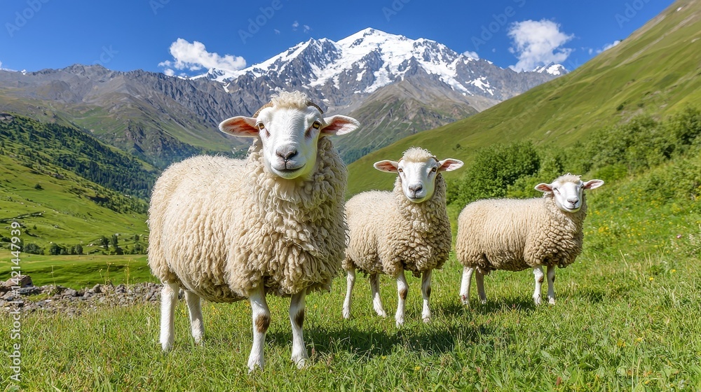 Obraz premium Fluffy Sheep Grazing in a Green Mountain Pasture with Snow Capped Peaks