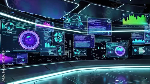 Futuristic Digital Interface with Interactive Graphs and Data Visualizations in Sci-Fi Environment