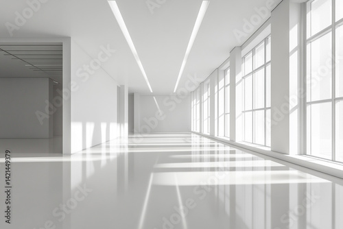 Bright minimalist hallway sunlit windows white walls sleek floor