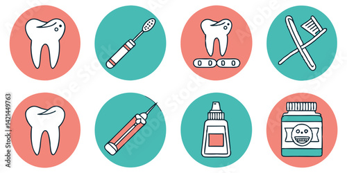 Dental Care Vector Icons Set with Tooth, Toothbrush, Dental Floss, Mouthwash