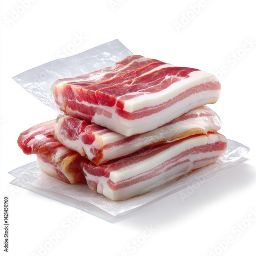 Stack of fresh bacon slices on a transparent wrap
