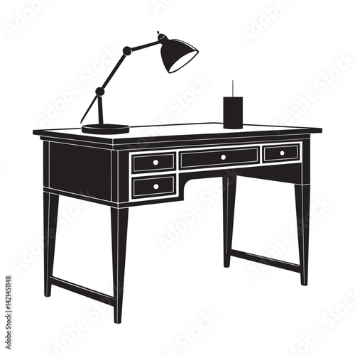 Monochromatic Desk Composition: An elegant desk design, complete with a sleek lamp and a minimalist pen holder, epitomizes functional elegance and refined workspace aesthetics.