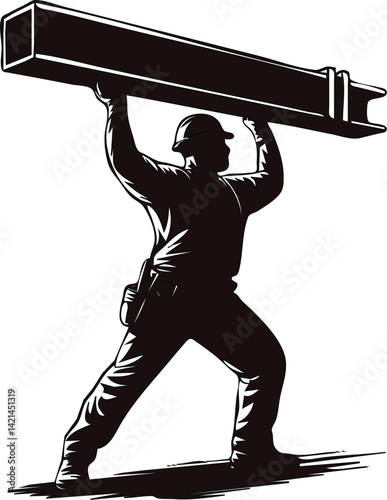 
Construction worker lifting a steel beam, industrial labor, physical strength, manual work, construction site, heavy lifting, worker in action, tough labor, building materials, muscular power