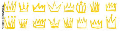 Hand drawn sketch crown ink grunge line elements of king, queen. Diadem headdress doodle set. Line graffiti chalk crayon symbol illustrations.