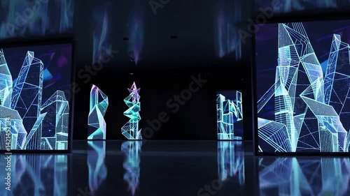 Futuristic Abstract Light Installation with Geometric Shapes and Vibrant Colors in Modern Gallery Setting