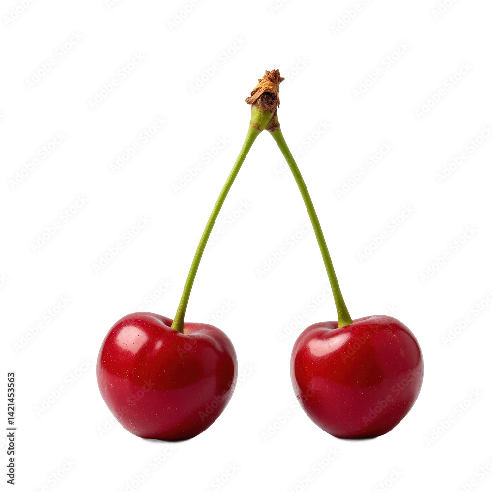 Two fresh cherries with a vibrant red color and a glossy texture.