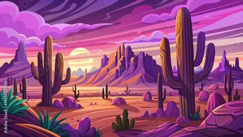 silhouettes Cartoon desert landscape with cactuses in arizona 