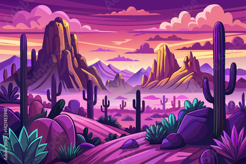 silhouettes Cartoon desert landscape with cactuses in arizona 