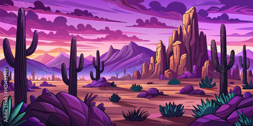 silhouettes Cartoon desert landscape with cactuses in arizona 