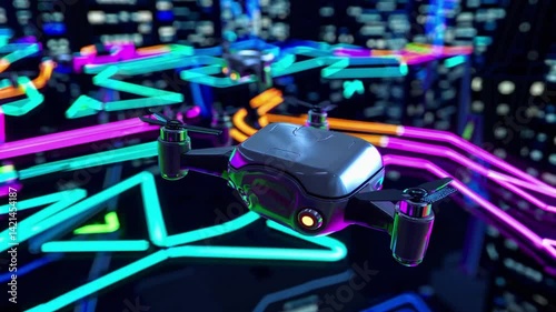 Futuristic Drone Flying Over Neon City Streets with Colorful Light Pathways at Night
