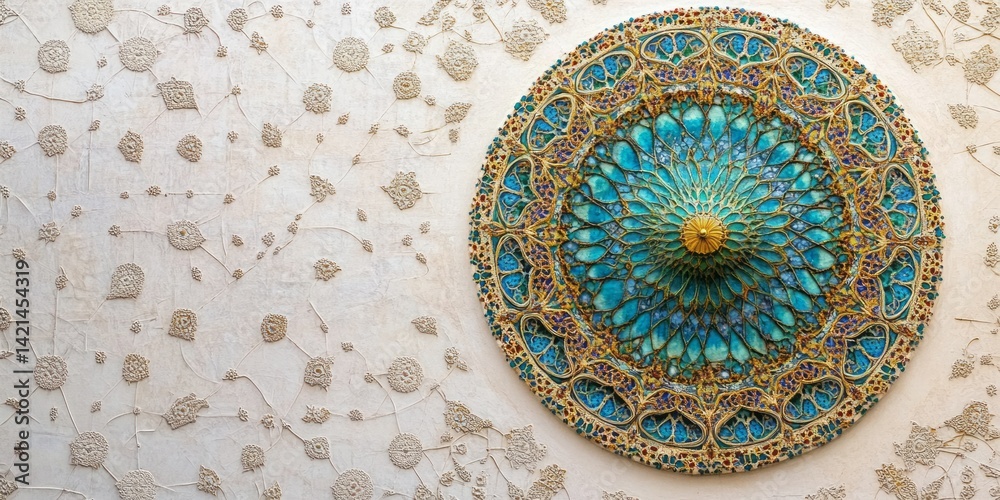 Fototapeta premium Intricate turquoise and gold decorative dome on a textured wall