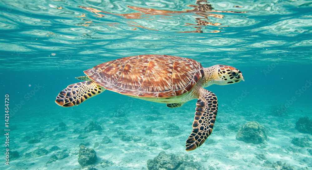 Obraz premium Sea Turtle Swimming in Clear Ocean Water Underwater View