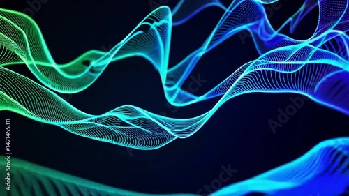 Abstract Digital Waves in Vibrant Blue and Green Colors with Flowing Lines on Dark Background