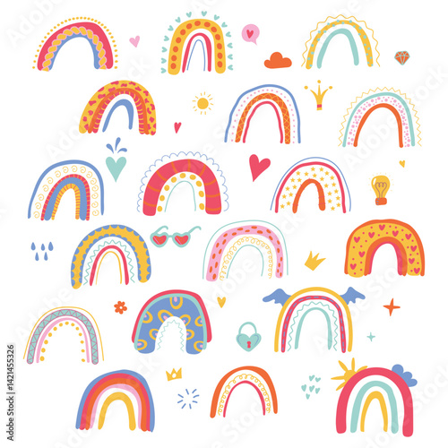 Happy, Positive, groovy rainbows colouring. Hand drawn coloring page for kids and adults. Beautiful drawing with patterns and small details. Coloring book pictures. Hand-drawn. Vector illustration.