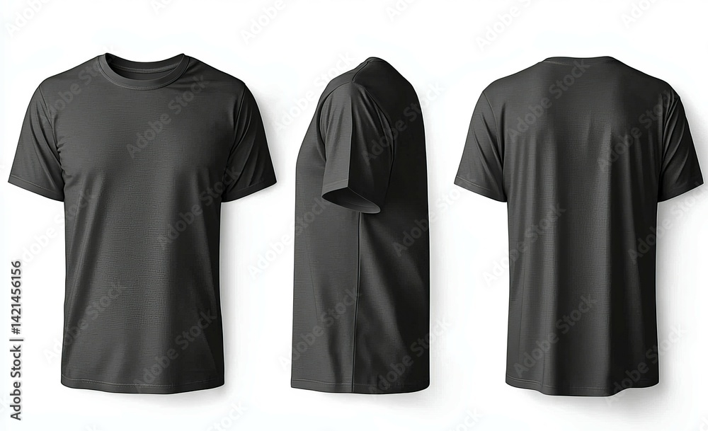 High-Resolution Product Shot of Monochrome Dark Gray T-Shirt Displaying Front Side, Side Profile and Back View with Clear Textured Fabric Details, Seam Construction and Soft Diffused High-Resolution Product Shot of Monochrome Dark Gray T-Shirt Displaying Front Side, Side Profile and Back View with Clear Textured Fabric Details, Seam Construction and Soft Diffused