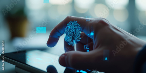 Hand Touching Smartphone Screen with Digital Fingerprint Technology for Secure Authentication