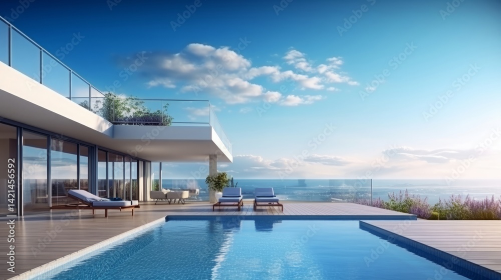 Fototapeta premium Perspective of modern building with terrace and swimming pool on sea view background,Idea of family vacation.