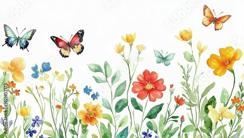 Wallpaper Mural Vibrant Watercolor Floral Garden Scene with Bright Red Flower and Colorful Butterflies on White Background, Artistic Nature Illustration for Wall Art, Greeting Cards and Digital Design Torontodigital.ca