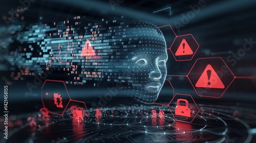 A digital representation of cybersecurity threats, showcasing alerts and a virtual face in a futuristic, data-driven environment.