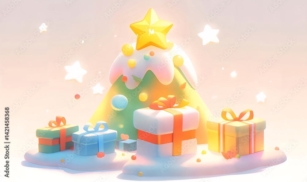 クリスマスツリーとプレゼントのイラスト 暖色系の背景に星と輝きのあるファンタジーなデザイン クリスマスツリーとプレゼントのイラスト 暖色系の背景に星と輝きのあるファンタジーなデザイン
