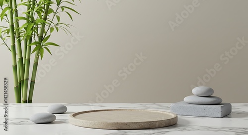 Natural stone plate on luxury marble table with bamboo plant background. Spa, cosmetic and beauty treatment product placement podium showroom for asian health care premium brand display.
