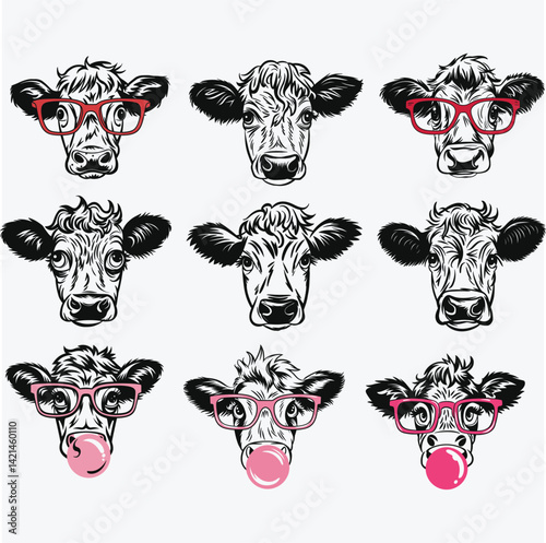 Hereford SVG, Cow head Svg, Heifer PNG Download, Animal glasses Clipart, Funny Farm Tshirt Designs, logo Vector, Cricut mug press svg