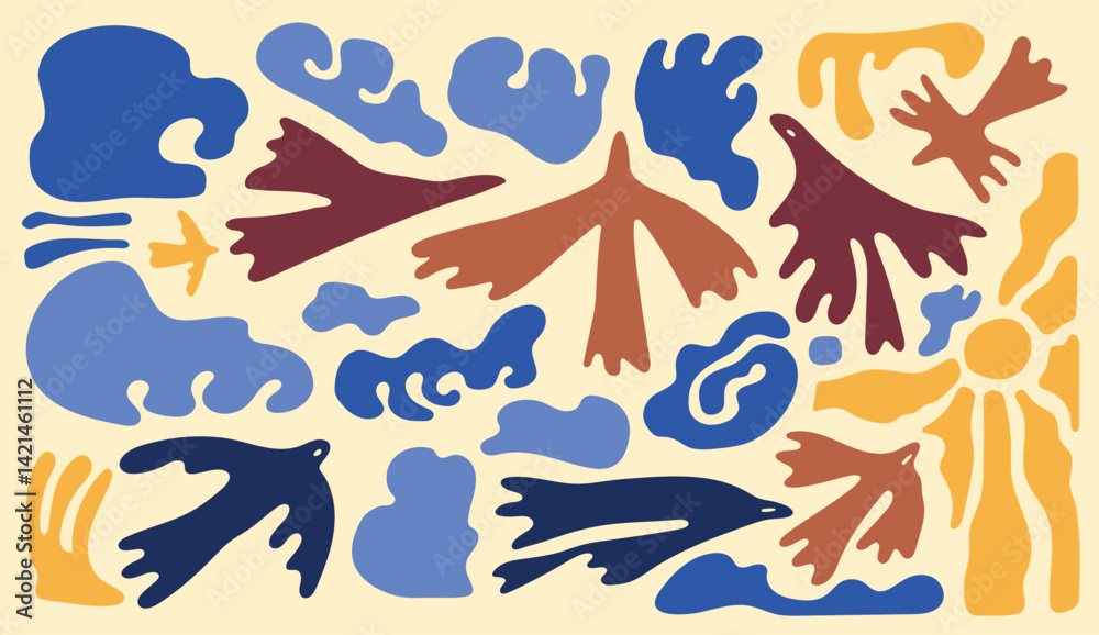 Groovy abstract vector with birds, sea and sun in blue and yellow wavy style. Stylish abstract vector in groovy 70s style with flying birds, ocean vibes, clouds and sun. Groovy abstract vector with birds, sea and sun in blue and yellow wavy style. Stylish abstract vector in groovy 70s style with flying birds, ocean vibes, clouds and sun.