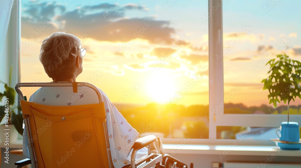 Fototapeta premium A symbolic sunrise outside a nursing window while a CNA tends to a patient