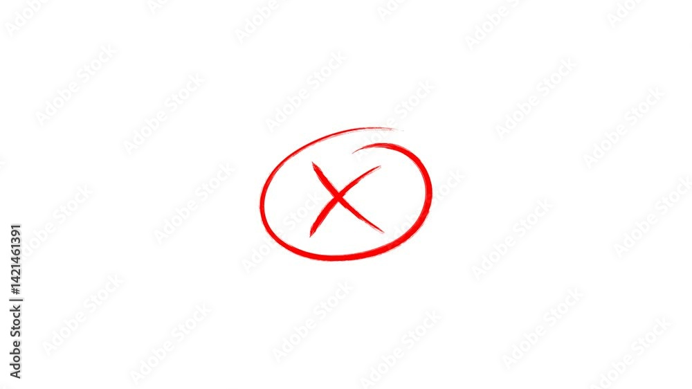Write or wrong Grung check mark animation video with alpha channel, hand-drawn red cross mark symbol appear in a circle isolated on a transparent background.