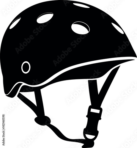 Black helmet illustration, protective gear, safety equipment with strap buckle