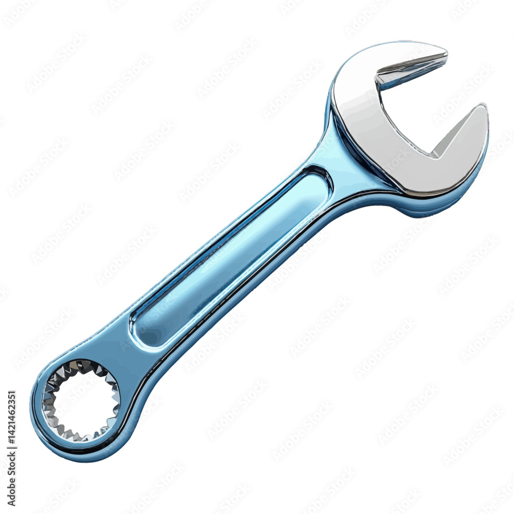 Volumetric illustration showcasing a silver-blue wrench with a glossy finish, highlighting its detailed design and ergonomic shape