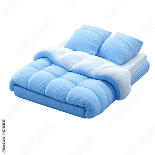 Volumetric illustration of a cozy blue bed with fluffy pillows and comforter in a simple design