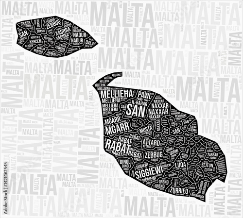 Malta regions map word cloud. Malta region names. Black and white map design. Stylish vector illustration.